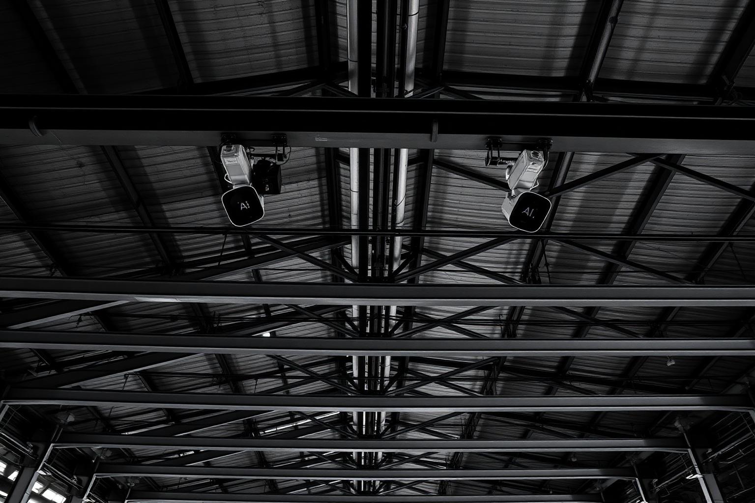 Factory ceiling with mounted AI cameras
