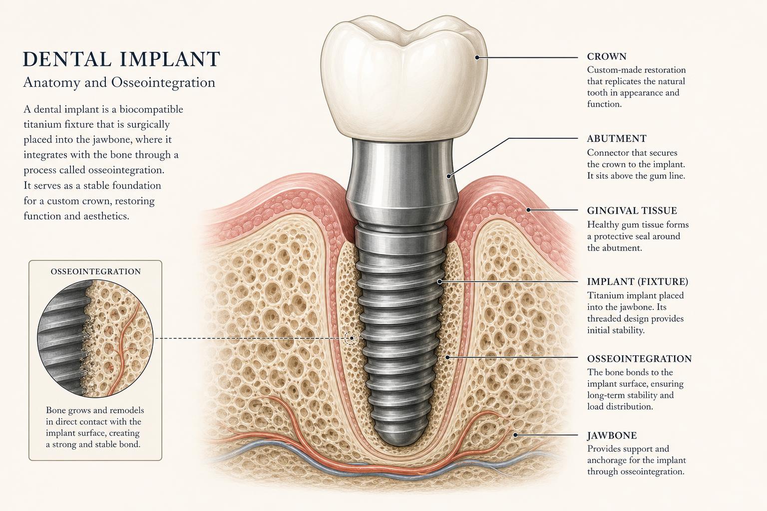Dental implant cross-section — biological diagram