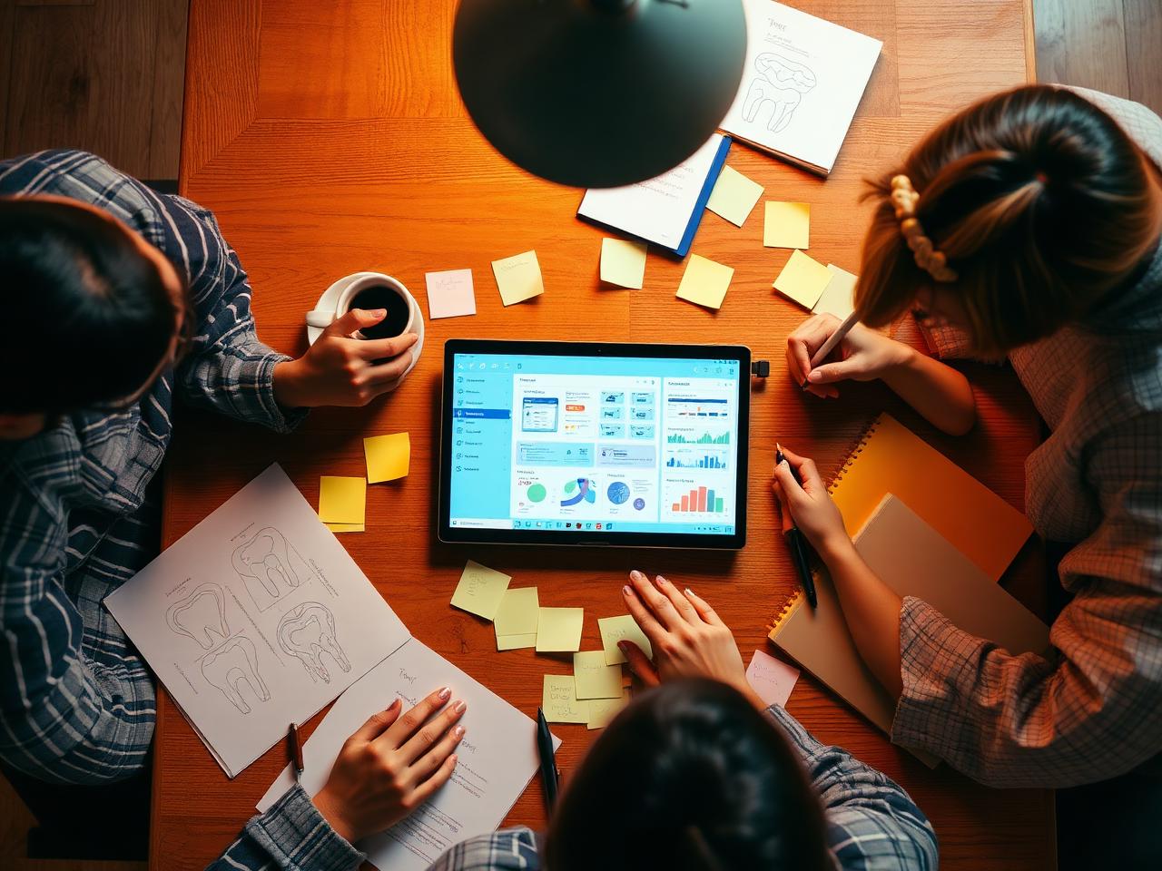 Product team collaborating around sketches and a laptop