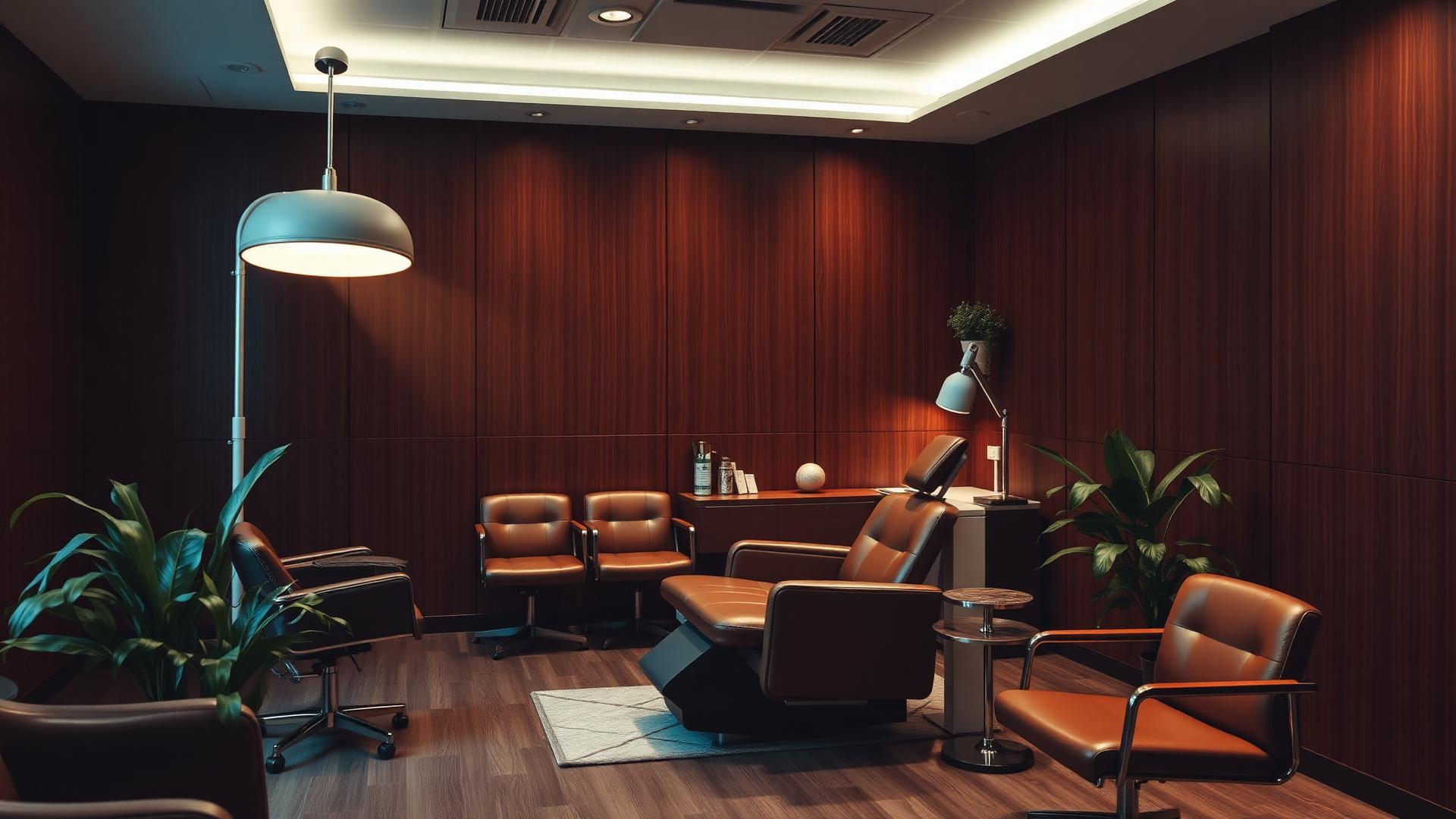 Calm modern dental consultation lounge with warm lamp glow