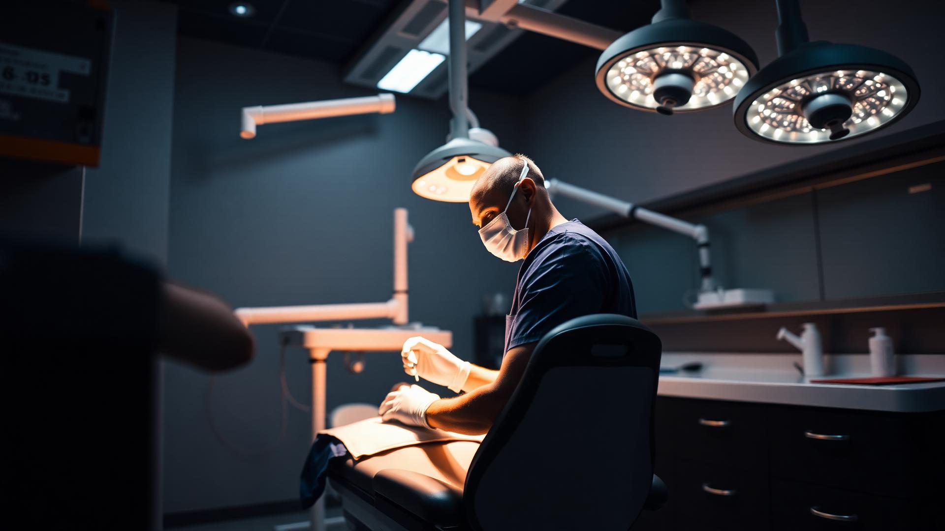 Dentist performing precise treatment under warm clinical light