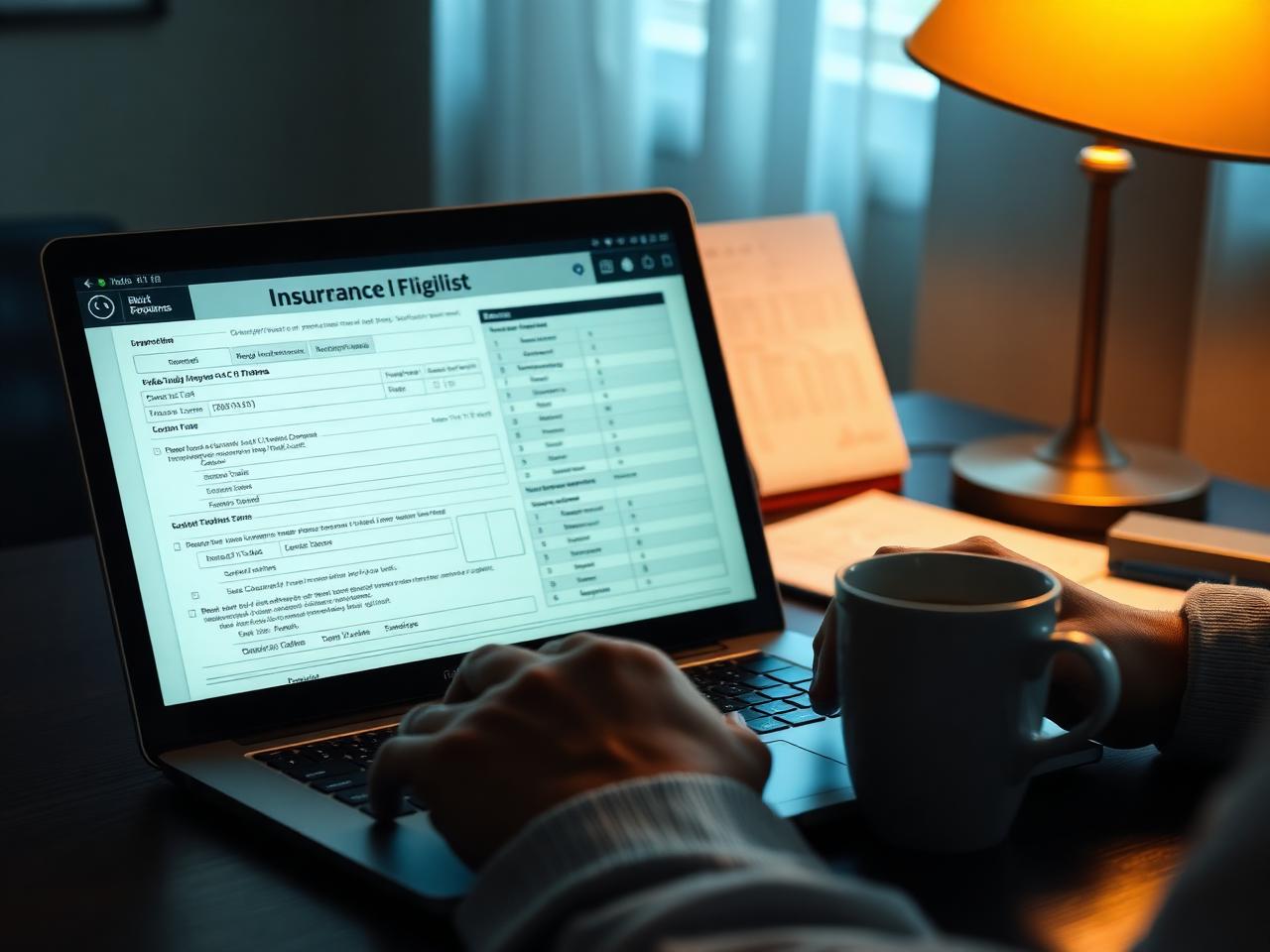 Dental claims being reviewed on a laptop under warm desk lamp