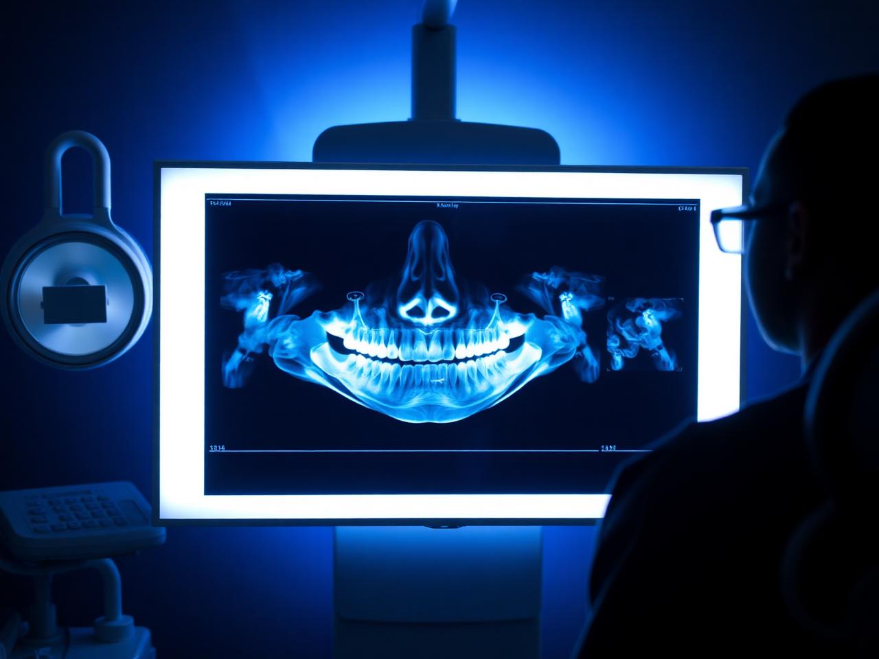 Dentist studying a panoramic X-ray on a glowing screen