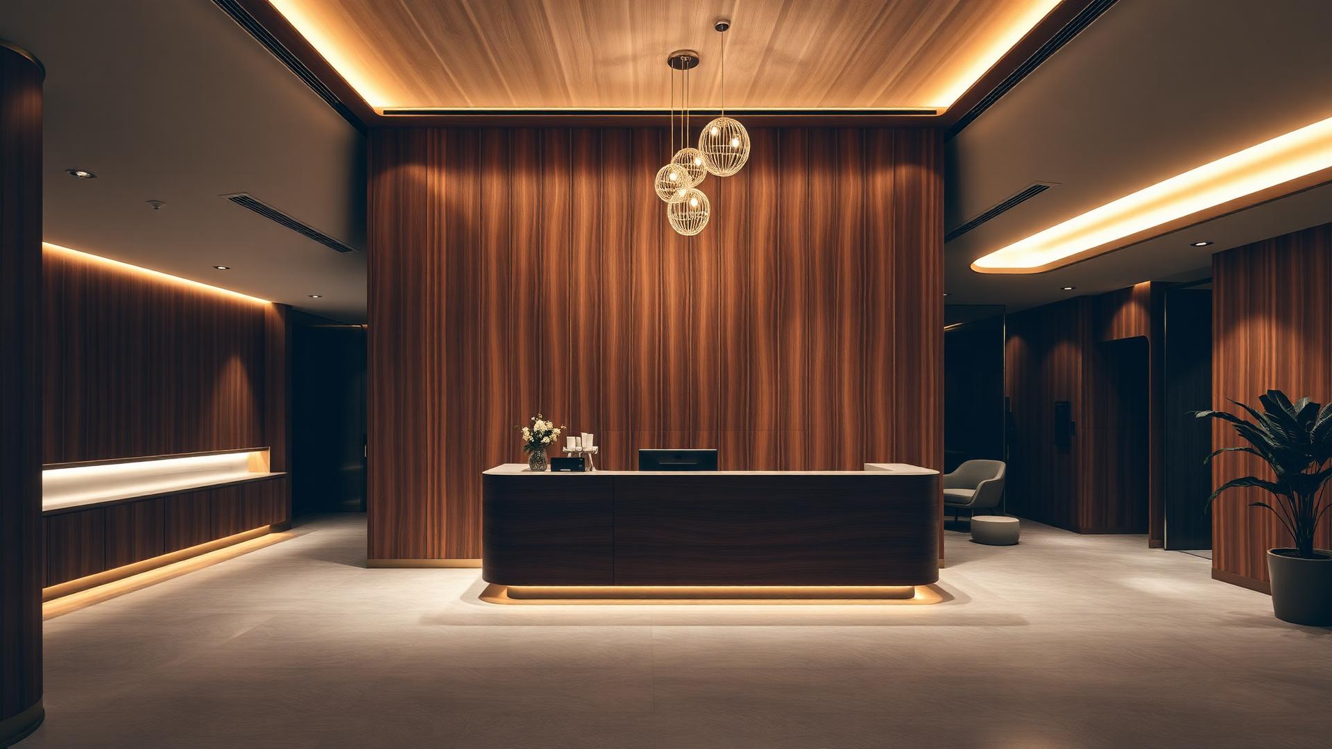 Modern luxury dental clinic reception with warm wood and brass