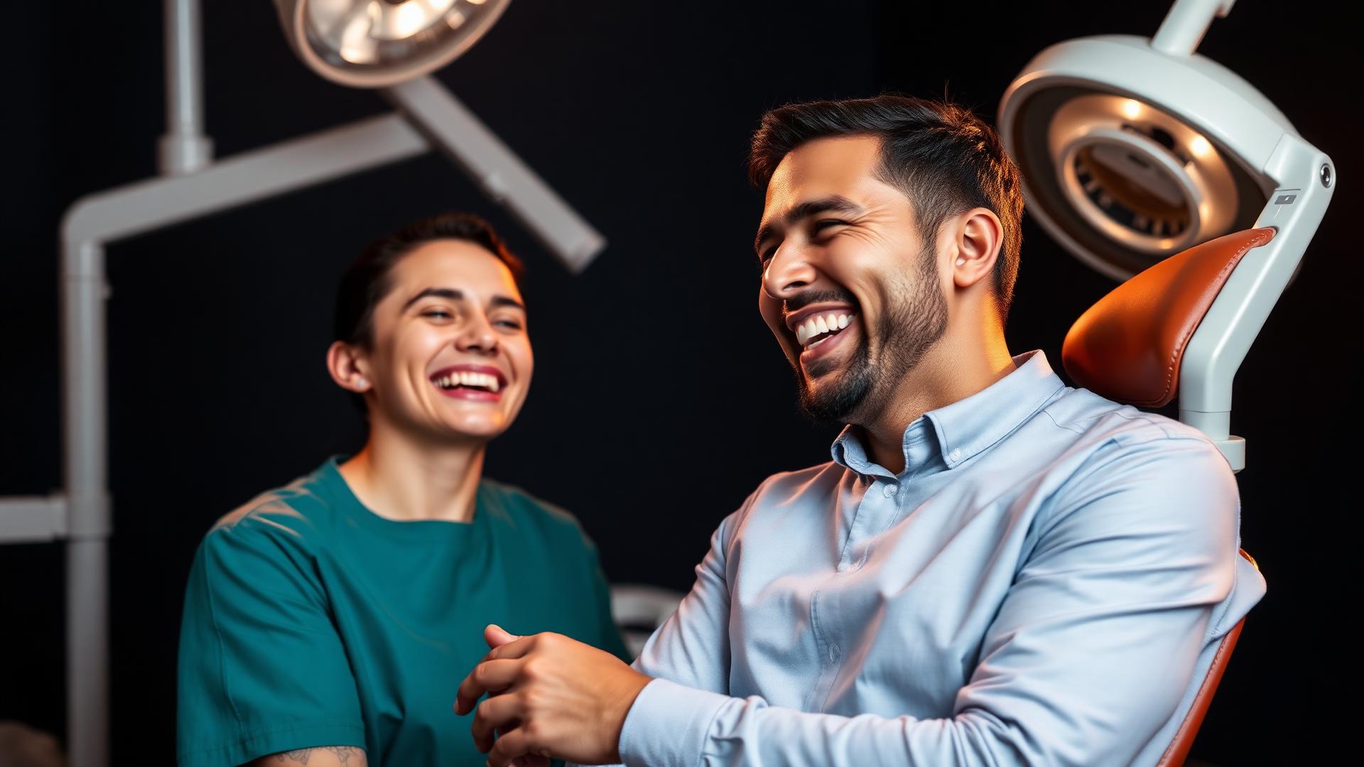 Dental patient laughing genuinely after a successful treatment
